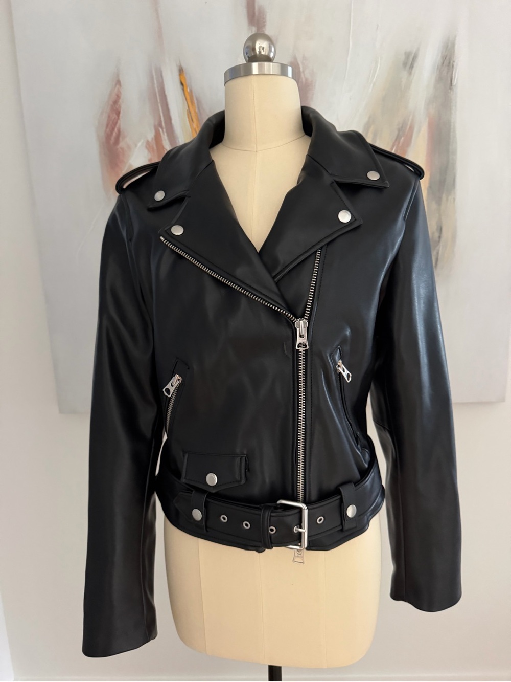 Wilfred Black Faux Leather Moto Jacket with Belt